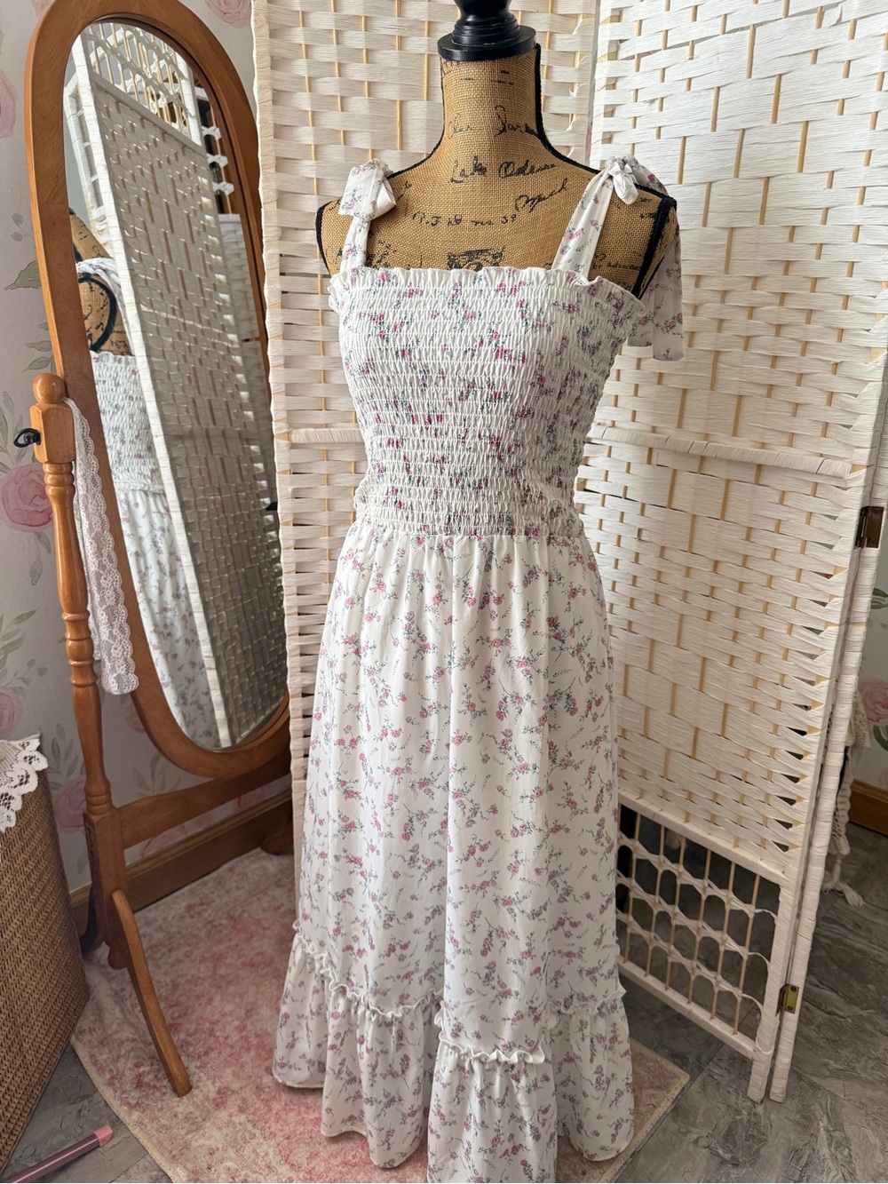 White Floral Smocked Midi Dress with Tie Straps